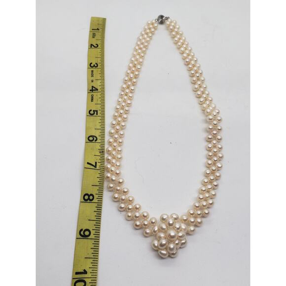Vintage Freshwater Pearl Necklace 3 Strand & White Cluster Center woven - Picture 6 of 15